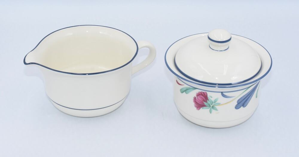 Y2K Poppies On Blue by LENOX Chinastone Creamer & Sugar Bowl w/Lid